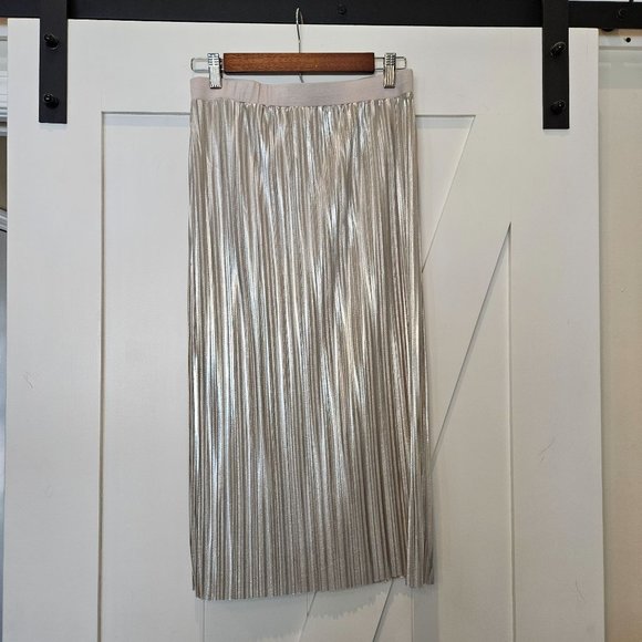 Bar III Dresses & Skirts - Bar III Silver Metallic Pleated Midi Skirt Elastic Waist Made in USA Size Medium